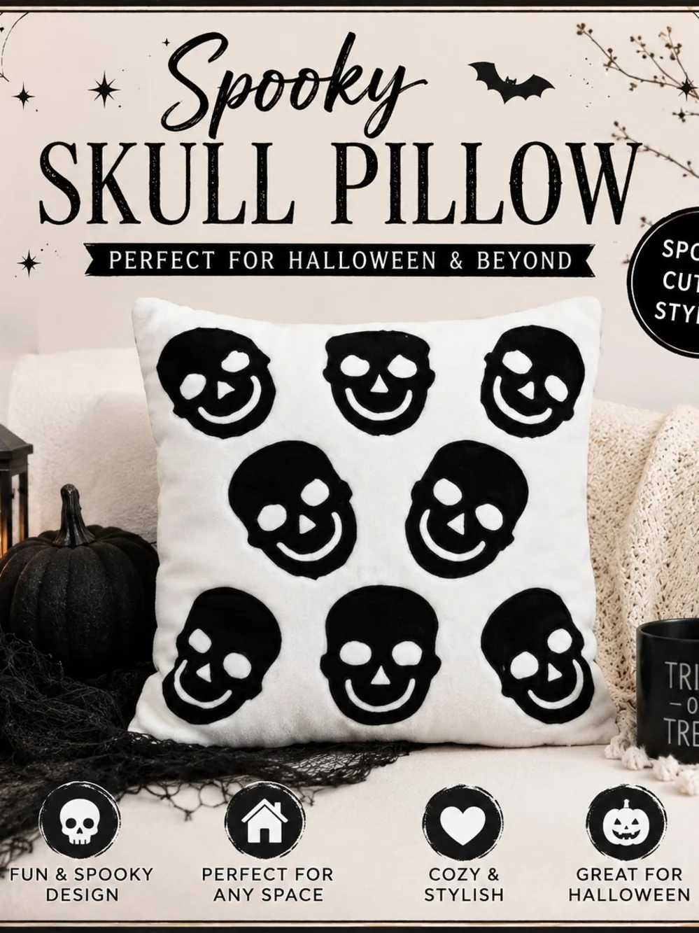Spooky Fleece Skull Pillow - Black on White Decorative Throw With Insert